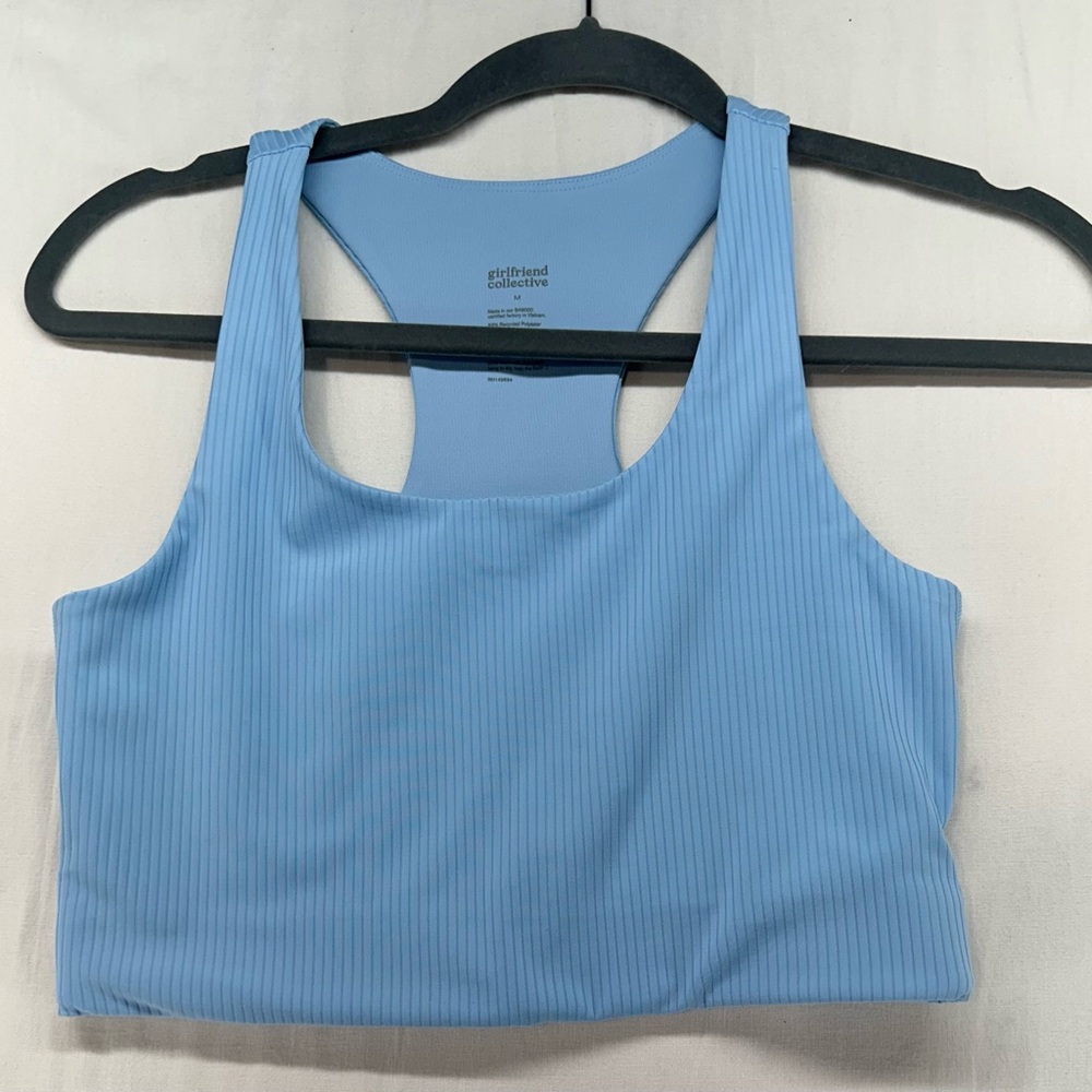 Girlfriend Collective Ribbed Light Blue Racerback Bra Size Medium